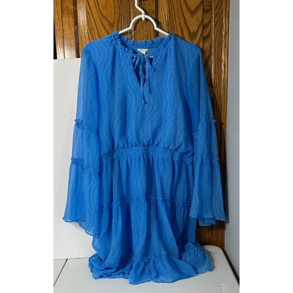 Cato Tiered Bell Sleeve Mini Dress Womens L Blue Crinkle Chiffon Ruffle Neck